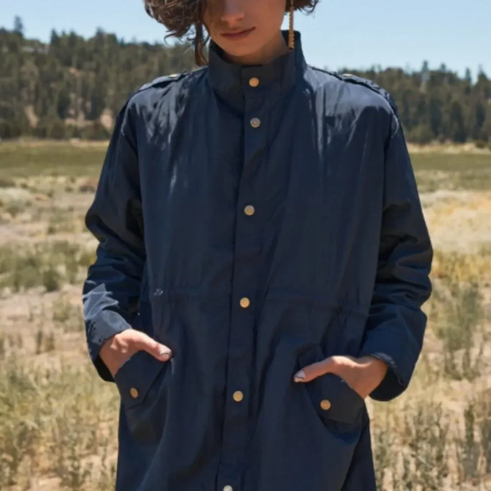 Navy Glossy Drawstring Trim Button-Down Coach Jacket - Picture 5 of 16